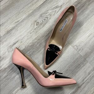 Manolo Blahnik Rare Pink & Black Patent‎ Leather Grafa Bow Sculptural Heel Pumps